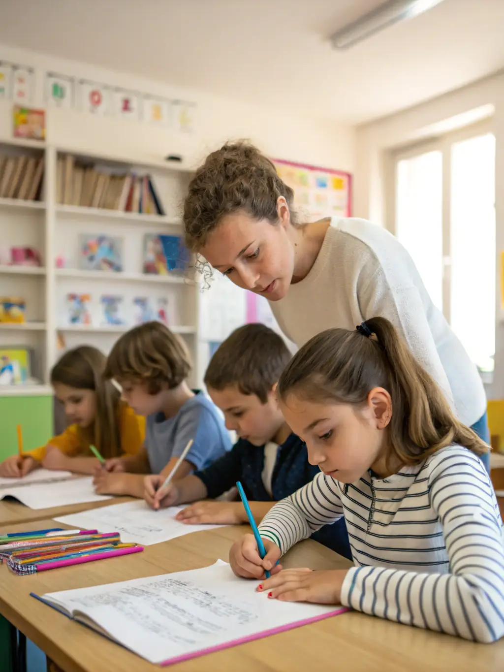 A workshop setting where children are participating in a creative writing activity, guided by a BOOKI NA YO facilitator, with colorful art supplies and notebooks.