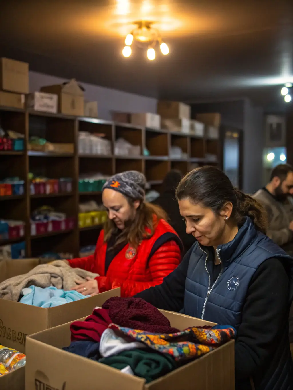 A picture of volunteers sorting and organizing donated books in a BOOKI NA YO warehouse, emphasizing the importance of book donations and volunteer support.