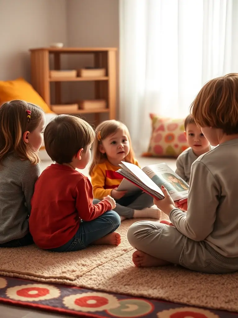 A group of children sitting on the floor in a circle, listening attentively as a volunteer reads aloud from a colorful picture book during a BOOKI NA YO reading session.