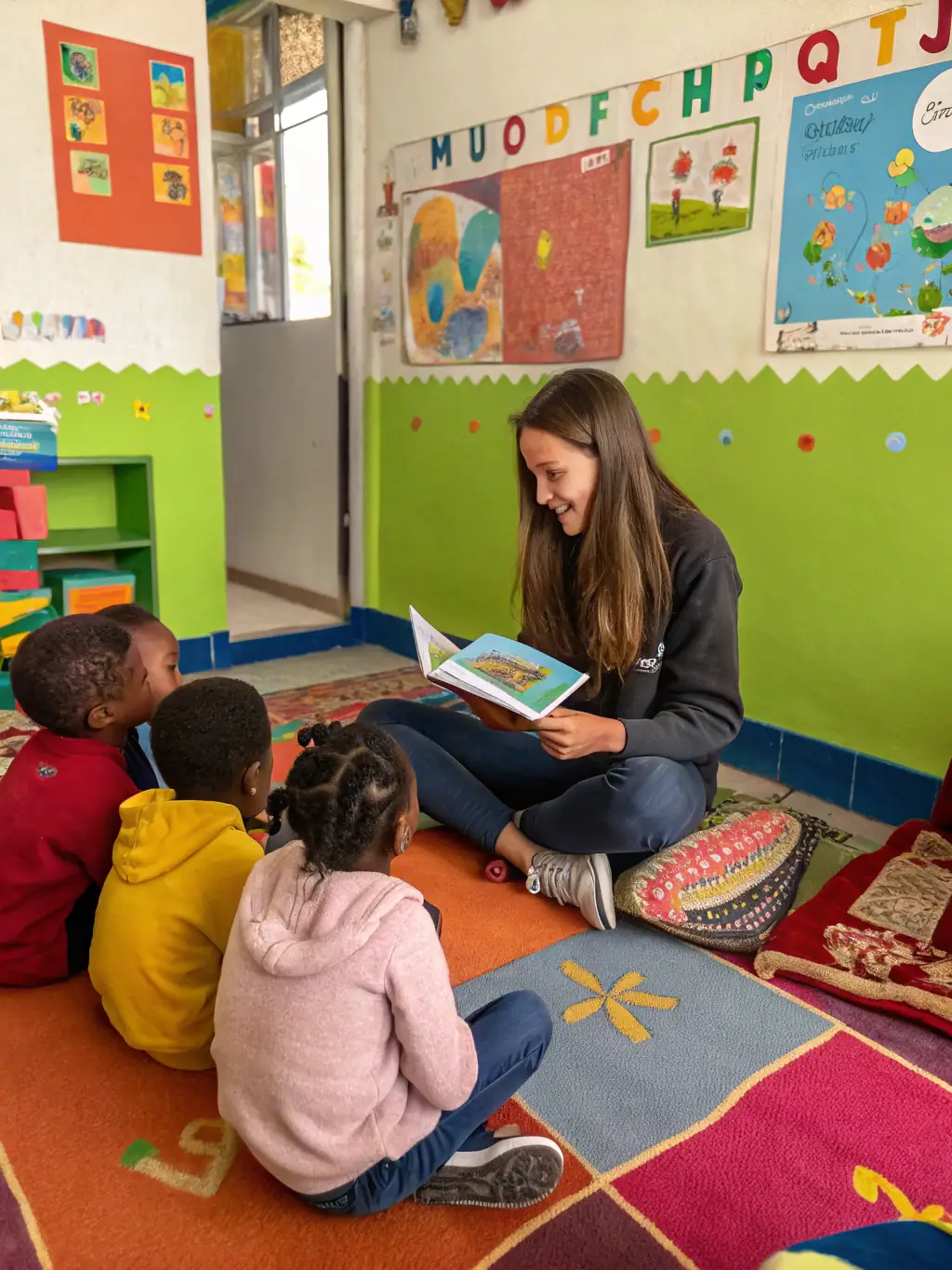 A group of children participating in a storytelling session led by a BOOKI NA YO volunteer in a community center, highlighting the organization's literacy workshops.