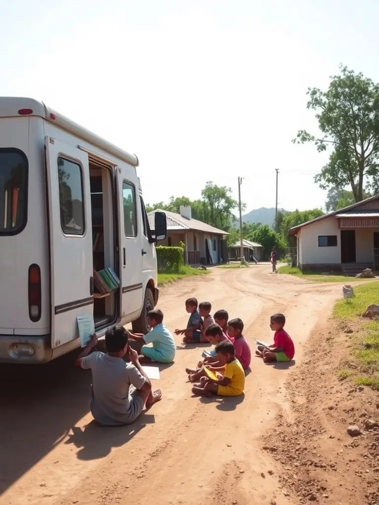 A vibrant photo of children eagerly selecting books from a mobile library van in a rural community, showcasing BOOKI NA YO's book distribution program.